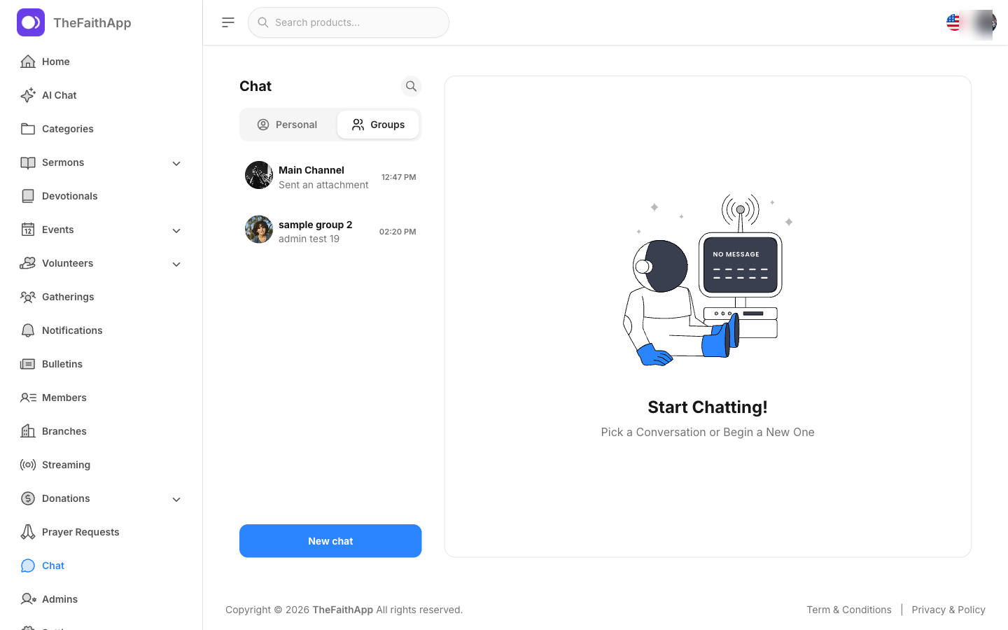 TheFaithApp group chat workspace for ministry conversations