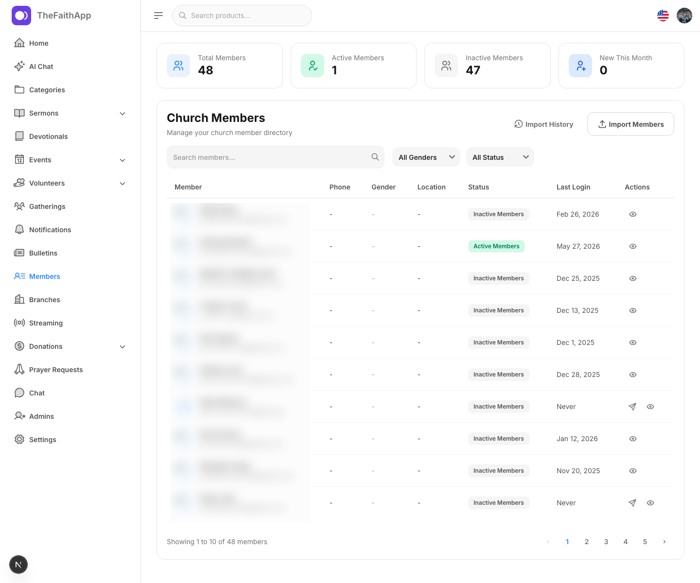 TheFaithApp member directory with searchable profiles and engagement status