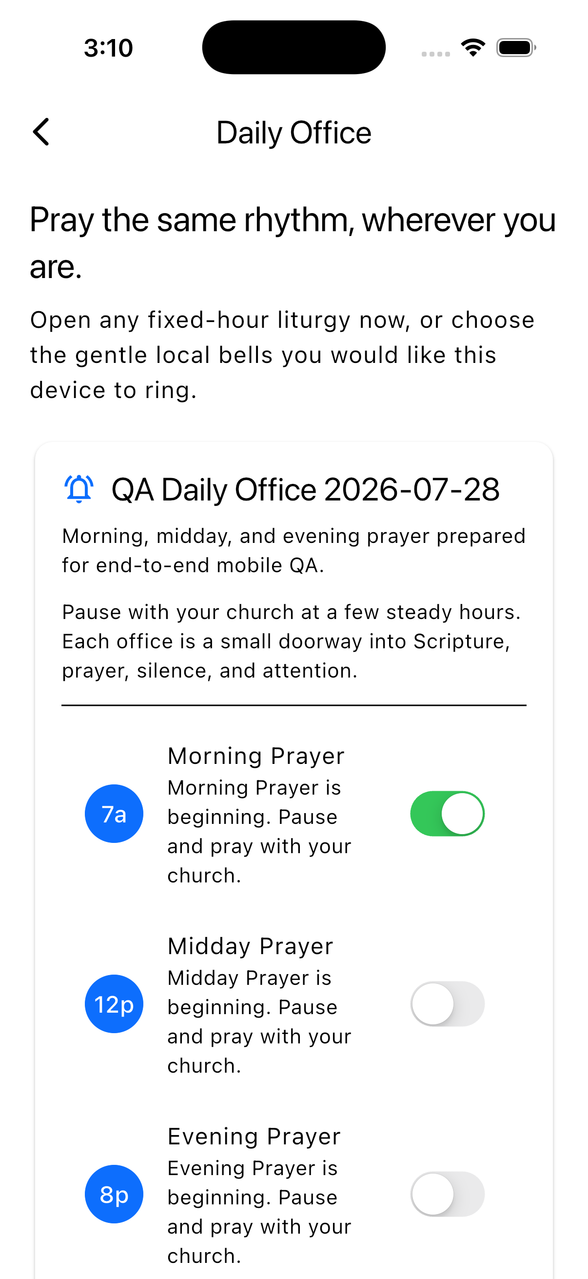 Populated Daily Office plan with morning, midday, and evening prayer and private bell choices