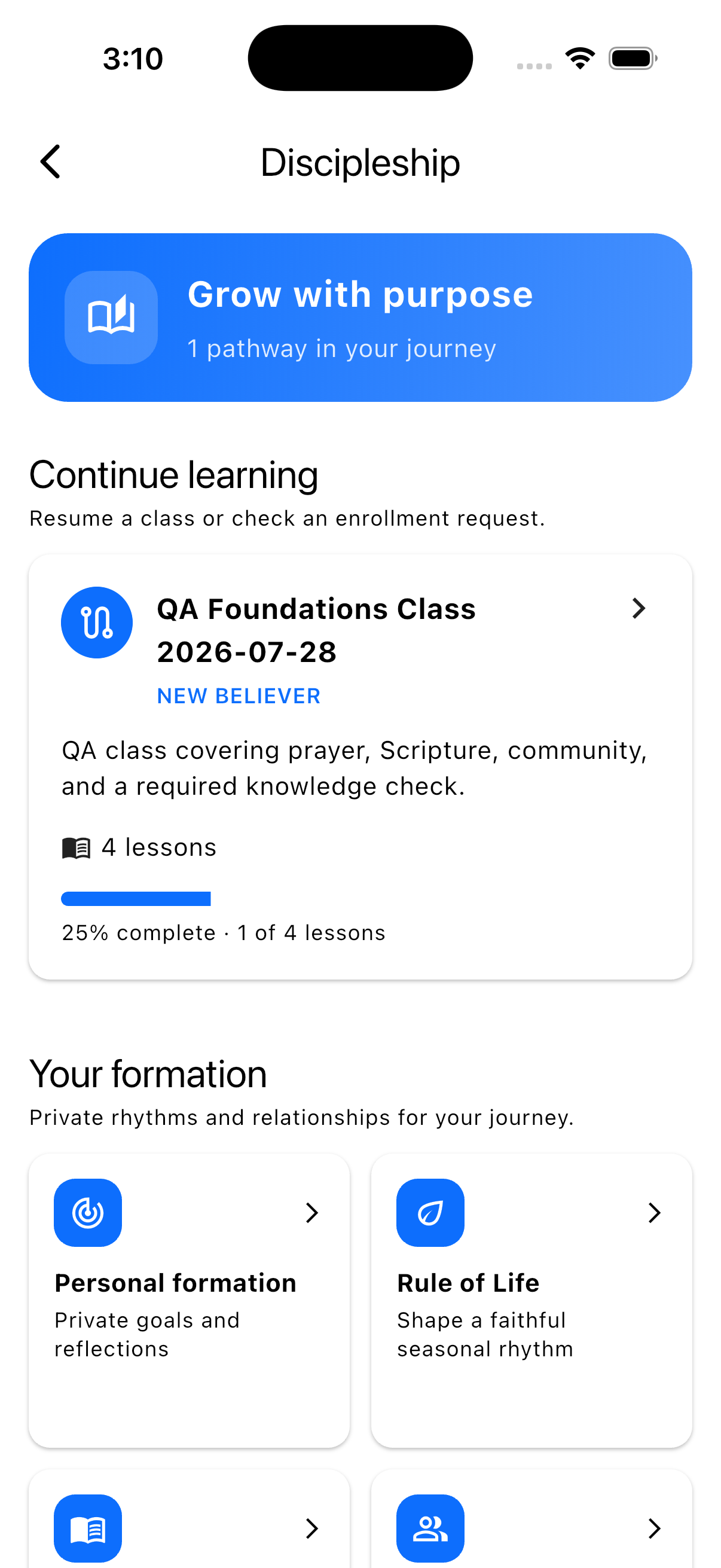 TheFaithApp member Discipleship hub showing an active pathway and formation practices