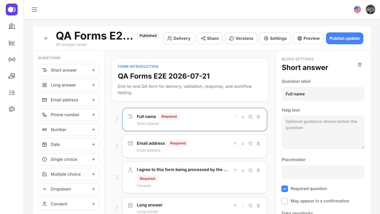 TheFaithApp form builder with question types and form settings
