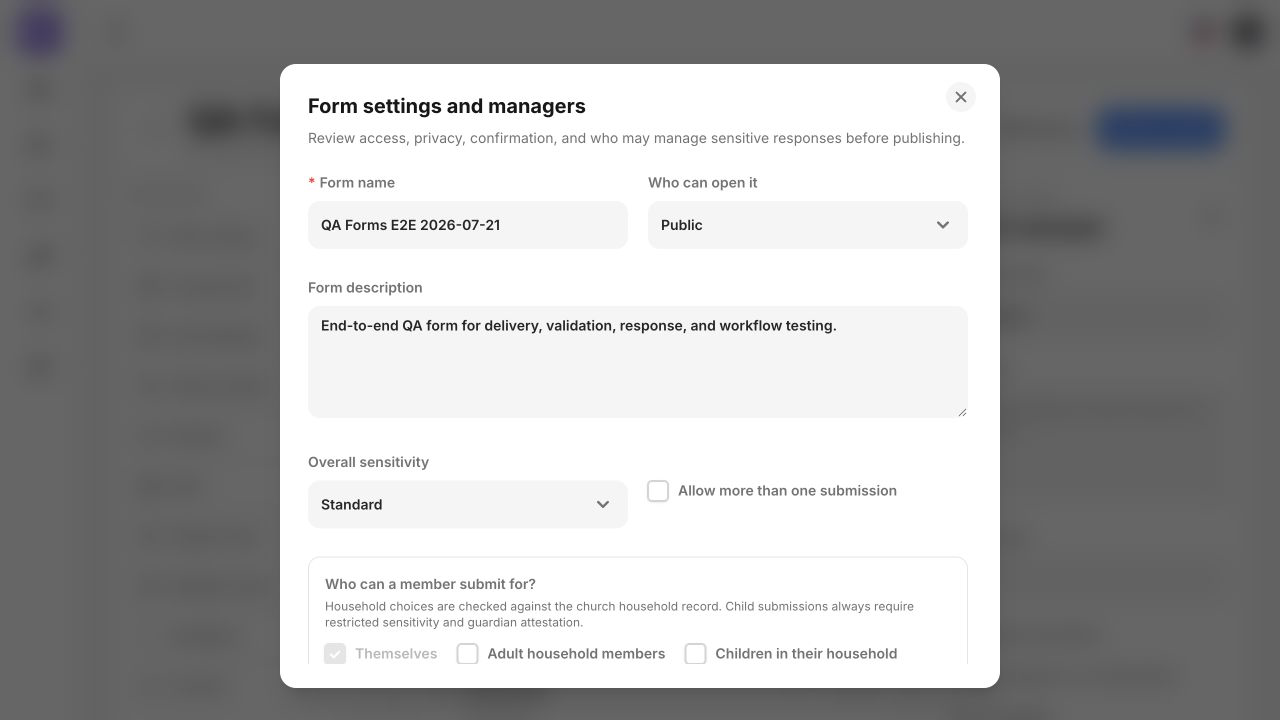 TheFaithApp form settings for access, sensitivity, and form managers