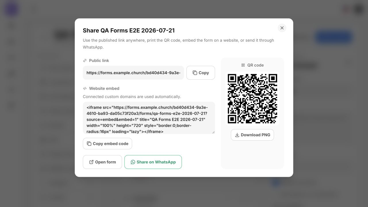 TheFaithApp form sharing panel with public link, embed code, QR code, and WhatsApp option