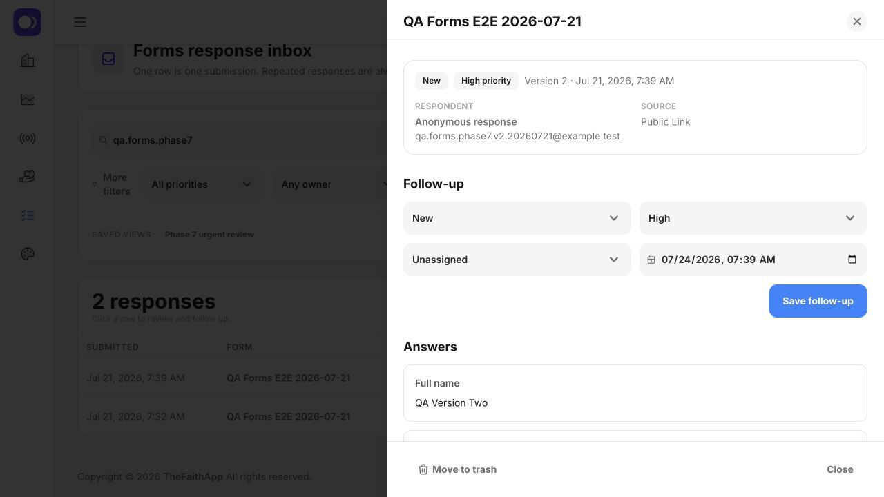 Form response details with status, priority, owner, due date, and submitted answers